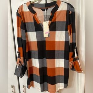 Trendy Plaid V-Neck Tunic - Black, Orange, White